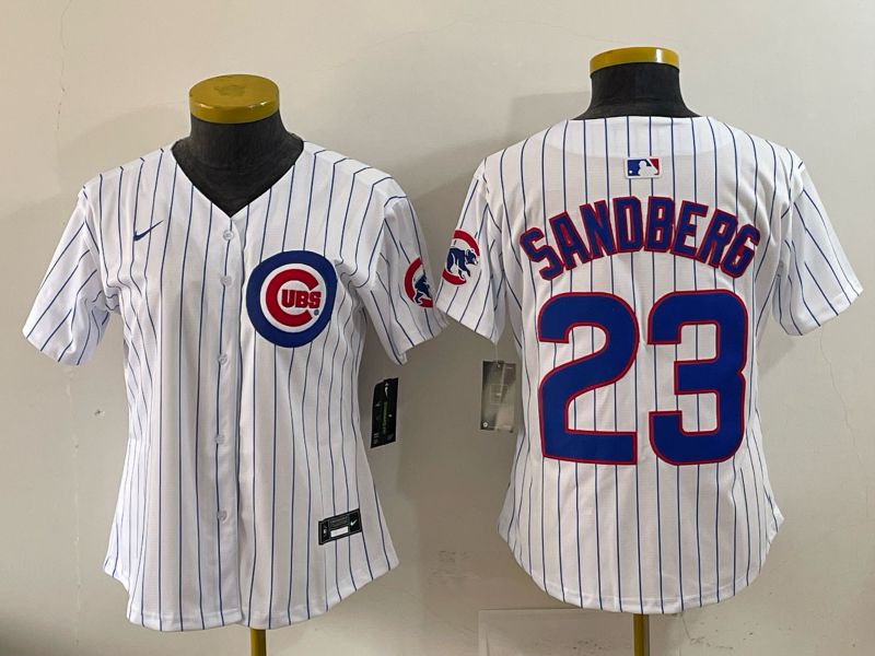 Women 2025 Chicago Cubs 23 Sandberg white stripe Nike MLB Jersey style 01